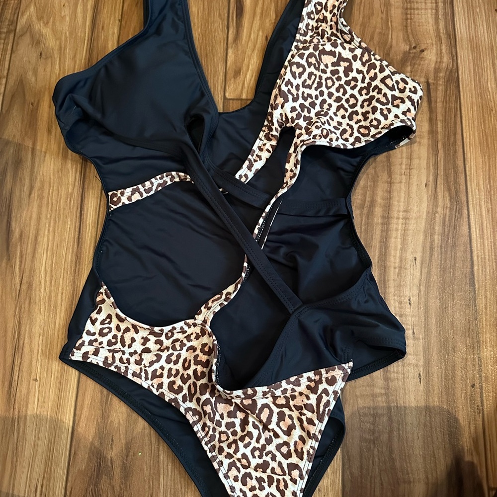 Leopard Print and Black One Piece Swimsuit
